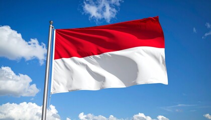 The national flag of Indonesia waving proudly on a flagpole against a backdrop of a clear blue sky with white clouds, symbolizing patriotism.