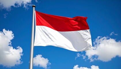 The national flag of the Republic of Indonesia, a vibrant red and white banner, waving gracefully in the wind against a bright blue sky.