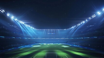 A stunning stadium gleams in the night, its emerald-green field illuminated by azure spotlights. Stars twinkle overhead as the stage is set for an epic sporting event.