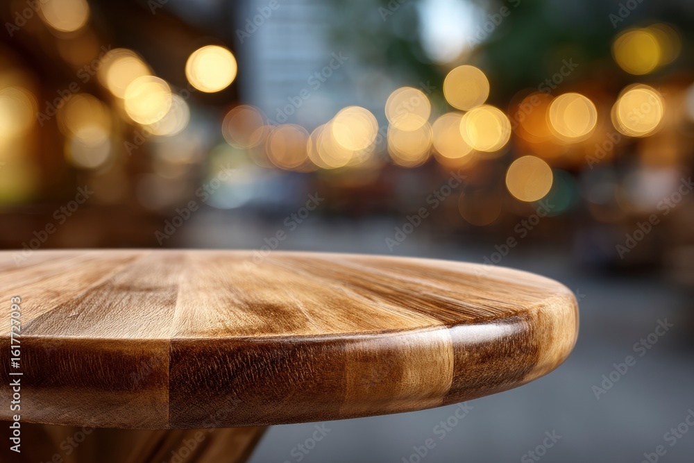 Poster a wooden table dominates the foreground with blurred lights and a building visible in the background