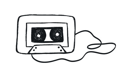 Hand drawn punk rock doodle. Grunge retro cassette. Tattoo crayon sketch, grafitti element, rebellious icon, sticker, scribble for poster, disco, party, music podcast. Vintage isolated vector illustra