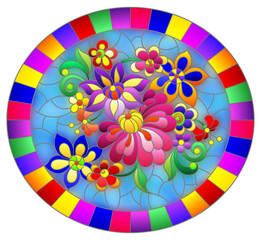 An illustration in stained glass style with bright abstract flowers and leaves on blue background