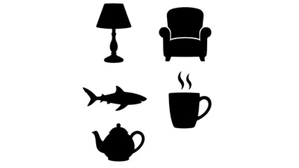 A collection of silhouette icons including a lamp, armchair, shark, mug, and teapot