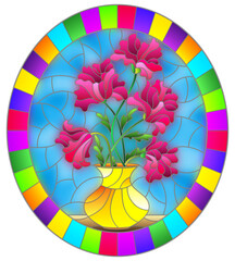 An iIllustration in stained glass style with bouquets of pink poppies flowers in a yellow vase on table on a blue background