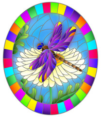 A stained glass illustration with a beautiful flower and a bright purple dragonfly against a blue sky, oval image
