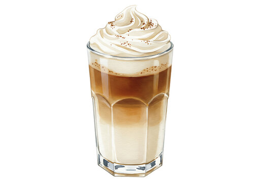 Delicious watercolor illustration of a layered latte coffee drink with whipped cream Isolated on transparent background