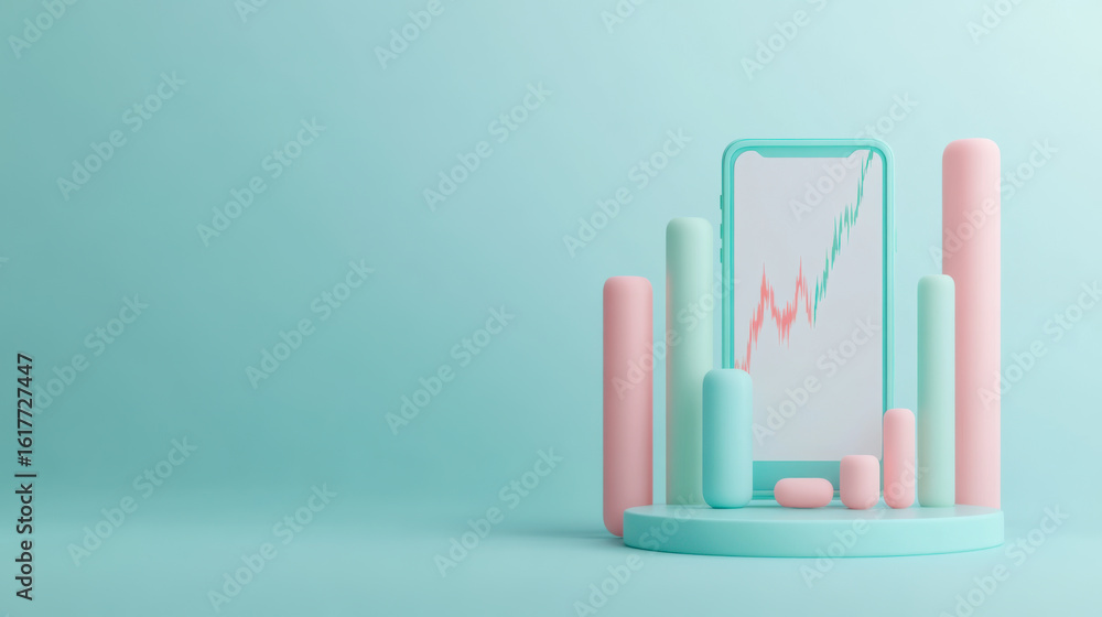 Poster Abstract smartphone display with colorful geometric shapes in a minimalistic setting