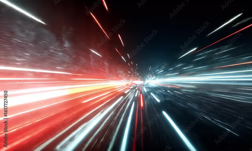 Poster abstract digital background with colorful light streaks and lines moving rapidly in the dark,