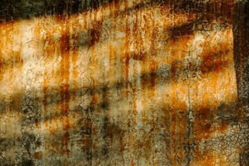 Afternoon sunbeams highlight the mushrooms and leaf shadows on the red walls, creating an artistic...