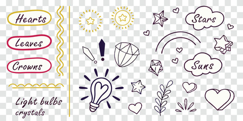 Doodle Icon Set with Hearts Leaves Crowns Light Bulbs Crystals and Sun Star Clouds Icons Illustration