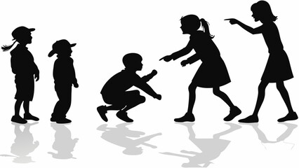Silhouette of Children Playing and Interacting in a Row on White Background with Reflections – Vector Illustration of Kids in Various Poses