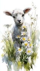 A watercolor painting of a lamb standing among wild daisies and grass, showcasing a gentle and serene rural scene.