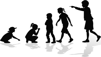 Silhouette of Children Playing and Interacting in a Row on White Background with Reflections – Vector Illustration of Kids in Various Poses