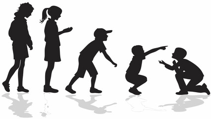 Silhouette of Children Playing and Interacting in a Row on White Background with Reflections – Vector Illustration of Kids in Various Poses