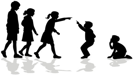 Silhouette of Children Playing and Interacting in a Row on White Background with Reflections – Vector Illustration of Kids in Various Poses