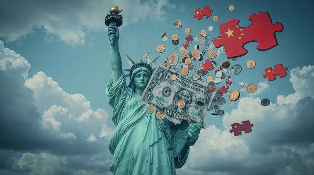 Statue of Liberty holding a torn dollar bill, surrounded by flying puzzle pieces of the Chinese flag and coins, symbolizes the economic conflict between the United States and China