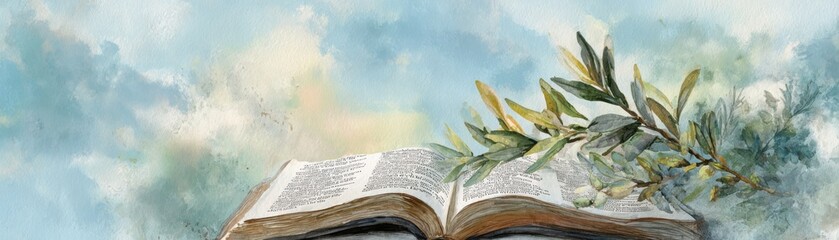 An open book with visible text lies under a sprig of olive leaves against a soft, cloudy blue sky background.