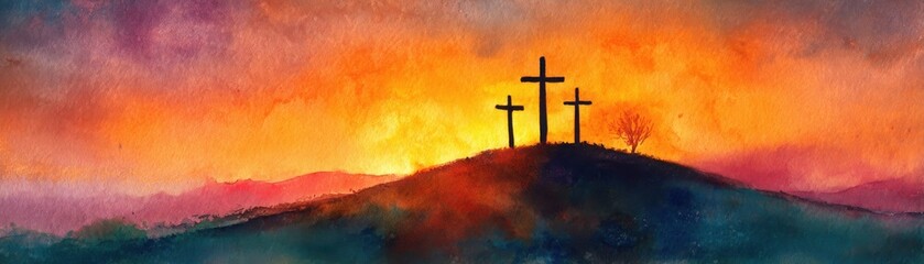 Three crosses stand atop a hill against a vivid sunset sky, symbolizing faith and reflection in a serene landscape.