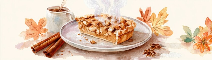 A cozy watercolor illustration of a steaming slice of apple pie with cinnamon sticks, a cup of coffee, and autumn leaves.