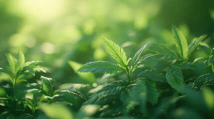 Obraz premium Fresh green leaves illuminated by sunlight in a lush garden during the early morning hours