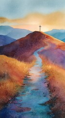 A winding path leads up a hill with a cross at the peak during a colorful sunrise or sunset over distant mountains.