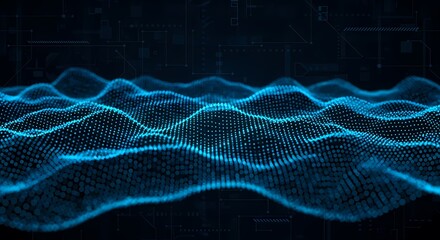 Blue digital particles wave flow, Digital cyberspace abstract background