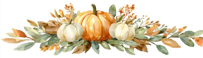 A watercolor autumn arrangement featuring three pumpkins surrounded by leafy branches and orange berries.