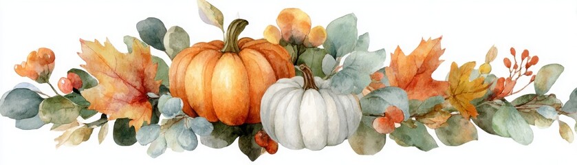 A watercolor autumn arrangement featuring orange and white pumpkins, fall leaves, and berries in warm, earthy tones.