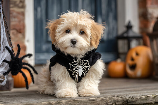 Cream havapoo dog dressed in a Halloween spider's costume sitting on a doorstep next to a spider decoration