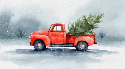 A red vintage truck carries a Christmas tree through a snowy, winter landscape with bare trees and falling snowflakes.