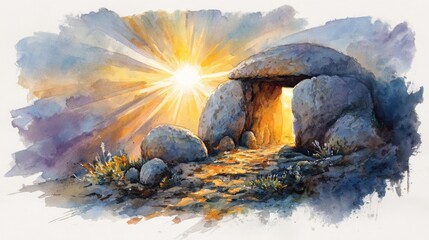 A watercolor painting of an ancient stone dolmen at sunrise, with vibrant sun rays illuminating the rocky entrance and surrounding flora.