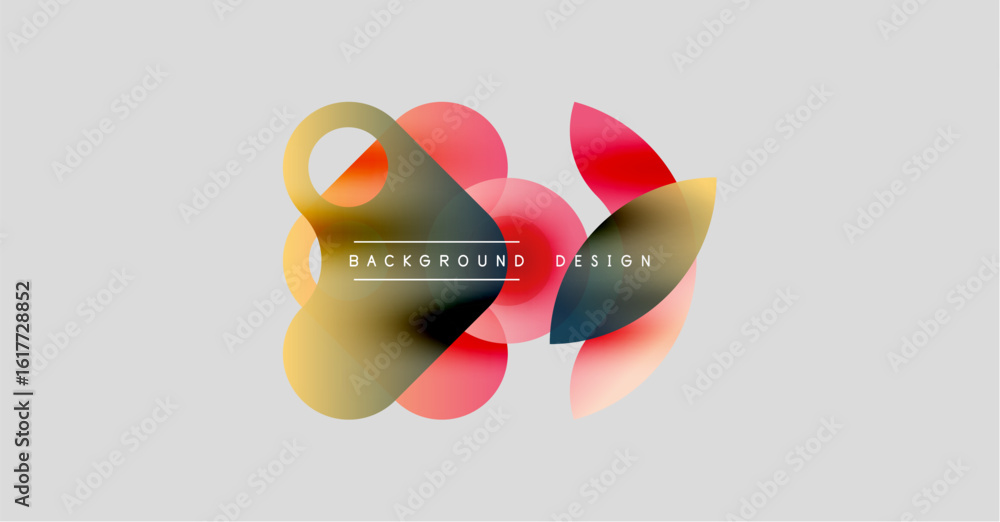 Poster abstract shapes overlap, creating vibrant color gradients. minimalist design with text elements. lig