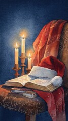 Cozy scene with a Santa hat resting on an open book, illuminated by three glowing candles on a rustic chair draped with a patterned red blanket.