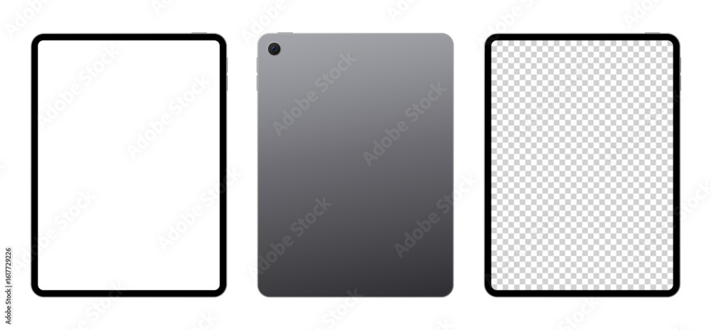 Poster tablet pc front back blank screen mockup template for advertisement. black color tab device vector i