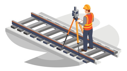 Naklejka premium Surveyor inspecting railroad tracks with total station equipment on a tripod for maintenance work shown