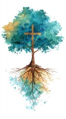 A watercolor tree with sprawling roots and a wooden cross embedded in its trunk, symbolizing faith, growth, and spiritual grounding.