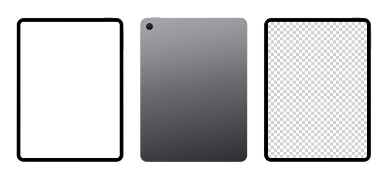 Tablet pc front back blank screen mockup template for advertisement. Black color tab device vector illustration