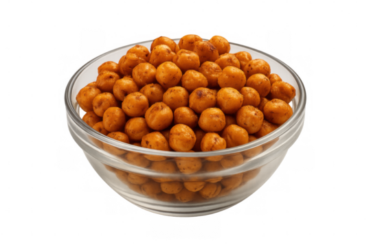 Glass bowl full of crunchy roasted chickpeas seasoned with spices, isolated on transparent background