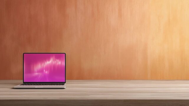 Poscast Business, Sleek laptop light wood surface enhances modern workspace with vibrant technology against warm wall
