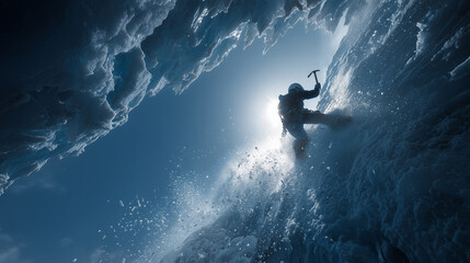 Dramatic Ice Climber Ascending Frozen Cave Wall with Sun Backlight and Flying Ice Particles