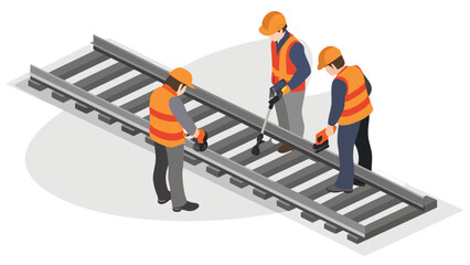 Illustration of railway workers inspecting and maintaining the railway tracks with safety equipment