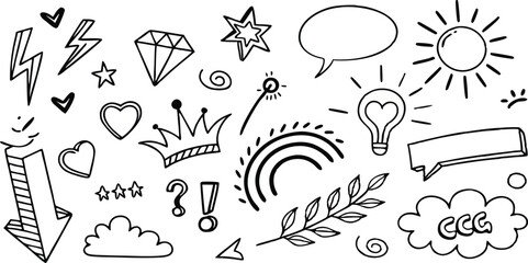 Collection of Hand Drawn Doodles and Sketched Elements Illustration of Various Creative Symbols and Objects on White Background