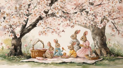 A charming illustration of five rabbits having a picnic under blooming cherry blossom trees on a sunny day.