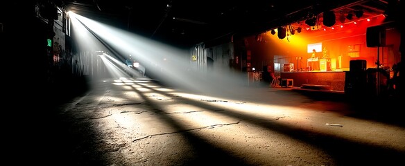 Dramatic stage lighting in empty concert hall with vibrant performance backdrop, and concert.