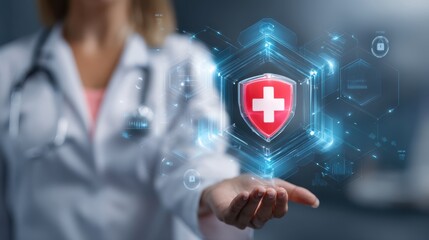 Healthcare professional showcasing digital innovation in medicine with holographic technology clinical environment futuristic viewpoint