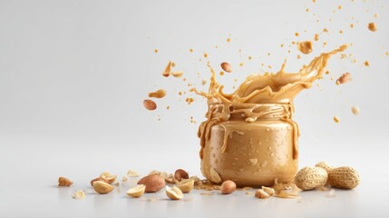 A jar of peanut butter splashes as it is opened, surrounded by scattered peanuts and peanut shells on a neutral background.