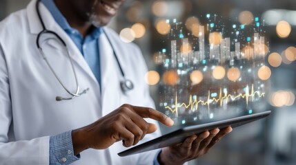 Healthcare professional utilizing digital tools for patient monitoring modern clinic digital artwork indoor close-up innovation