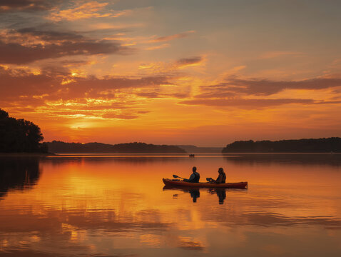 Two people kayaking on calm lake during vibrant sunset, with colorful sky and peaceful water reflecting warm hues, creating serene and tranquil scene