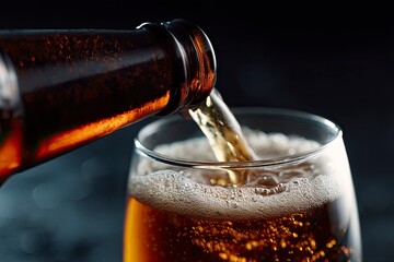 Beer being poured from a bottle into a glass creating bubbles and foam
