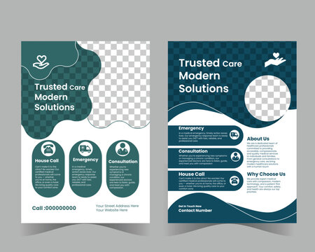 Modern medical flyer bundle, clean layout, healthcare icons, doctor-patient graphics, blue-white-green colors, minimal background, vector, print-ready.